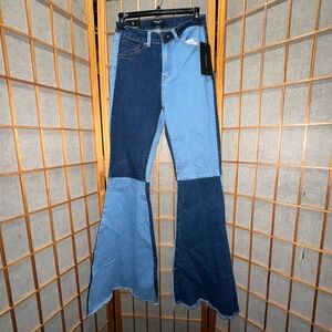 Two-Tone Denim Bell Bottom Flare Jeans